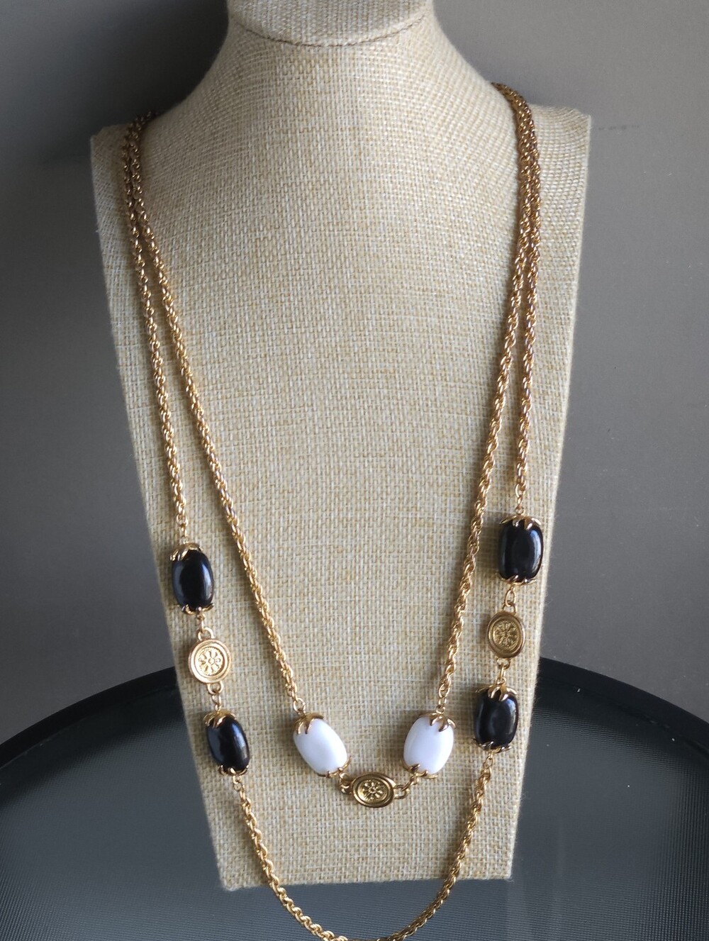 Vintage Multi-Strand Gold Rope Chain Necklace with Black & White Lucite Cabochon